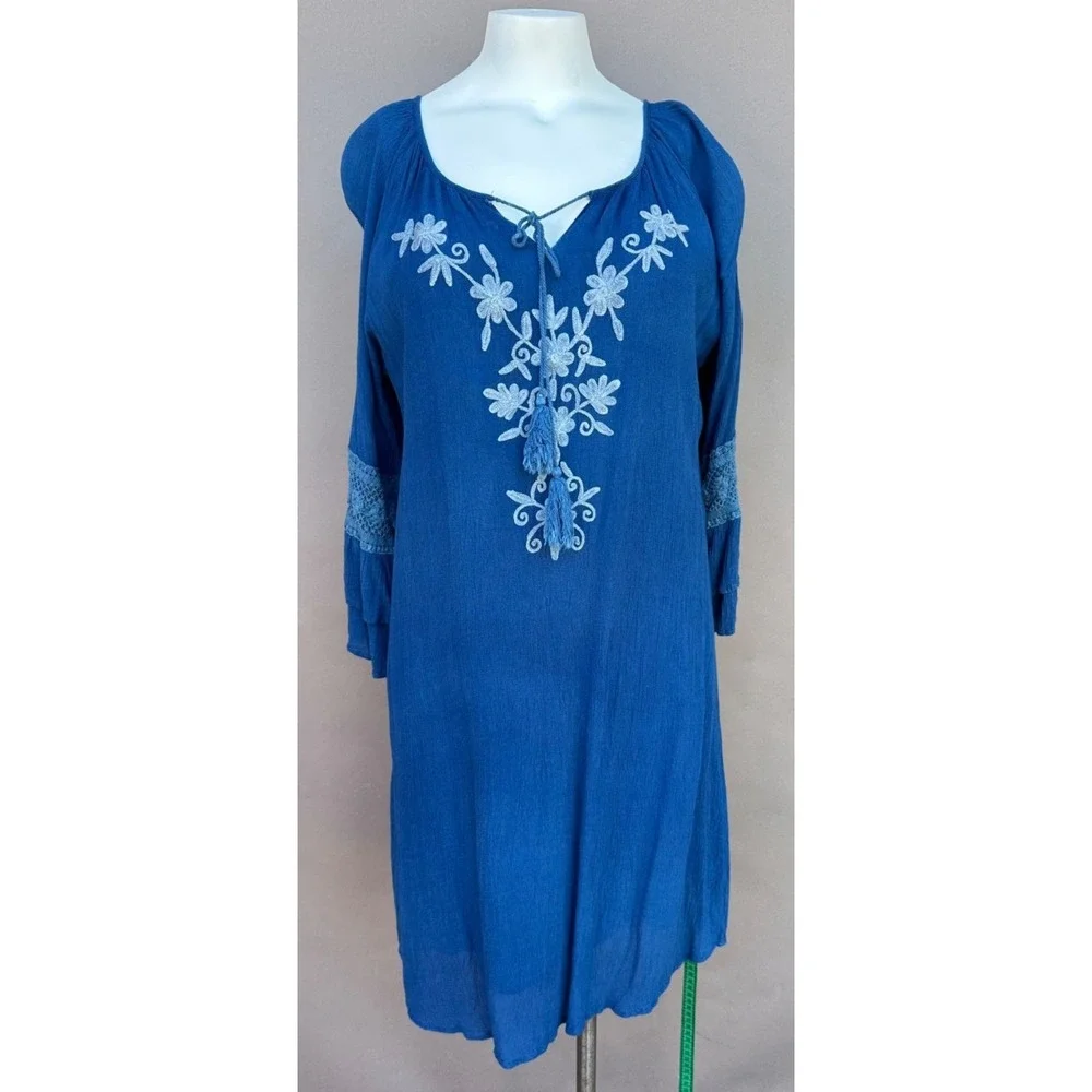 Studio West Womens L Blue Bell Sleeve Embroidered Floral Shift Dress Boho Coasta